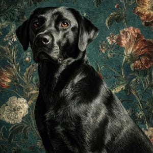 Black Labrador portrait printable art for living room — moody vintage aesthetic with dark teal and floral botanical background