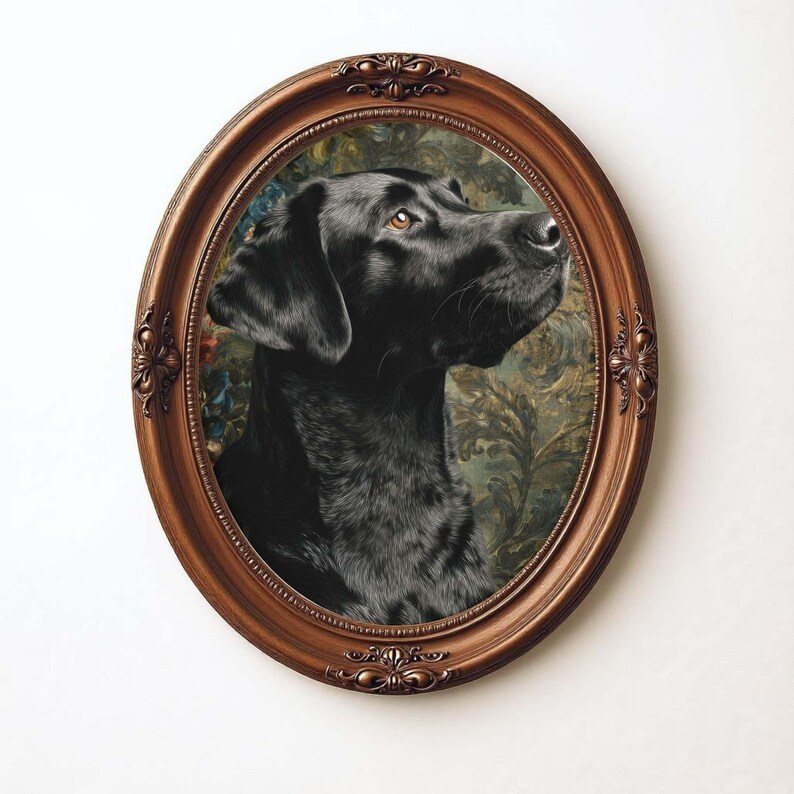 Classical canine digital art for hallway — dark elegant retriever with warm-toned ornate scrollwork frame