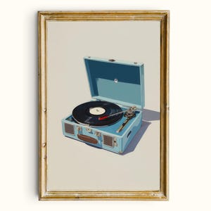 May include: A framed print of a vintage record player. The record player is light blue with a black vinyl record on the turntable. The needle is in place, and the lid is open. The frame is gold.