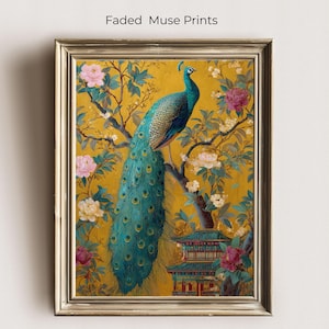 May include: A framed print featuring a peacock perched on a tree branch, with a long, flowing teal tail. The background is a golden yellow, with pink and white flowers and a small pagoda. The text "Faded Muse Prints" is at the top.