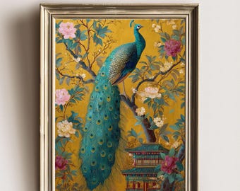 May include: A framed print featuring a peacock perched on a tree branch, with a long, flowing teal tail. The background is a golden yellow, with pink and white flowers and a small pagoda. The text "Faded Muse Prints" is at the top.