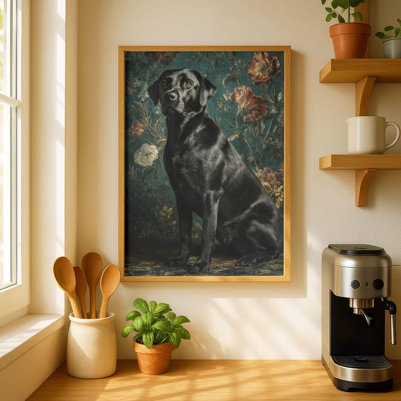 Black Lab digital print for study — sophisticated old master portrait with warm pink florals and deep shadows