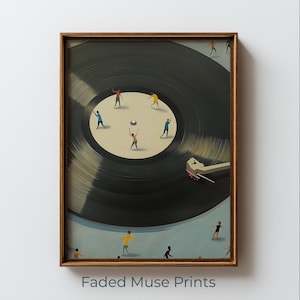 May include: Framed art print featuring a whimsical illustration of miniature figures playing on a vinyl record. The artwork has a brown wooden frame and the text "Faded Muse Prints" at the bottom. The figures are dressed in various colors, and the record is black.
