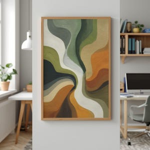 Fluid landscape poster for dining room — undulating curves with depth in warm earthy cream tones