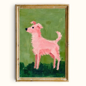 May include: A framed painting of a pink dog against a green background. The dog is depicted in a side profile, with a fluffy texture. The painting is in a gold-colored frame, and the dog is standing on a patch of green.