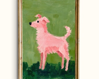 May include: A framed painting of a pink dog against a green background. The dog is depicted in a side profile, with a fluffy texture. The painting is in a gold-colored frame, and the dog is standing on a patch of green.