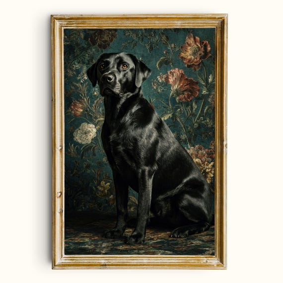 Black Labrador Portrait, Vintage Floral Dog Art Printable Wall Art (Digital Download)