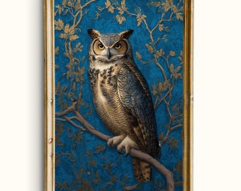 Affiche vintage de grand-duc d'Amérique, art mural botanique bleu et or à imprimer (téléchargement numérique)