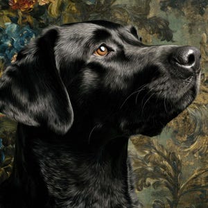 Vintage retriever portrait poster for gallery wall — amber-eyed pet with elaborate botanical and gold detailing