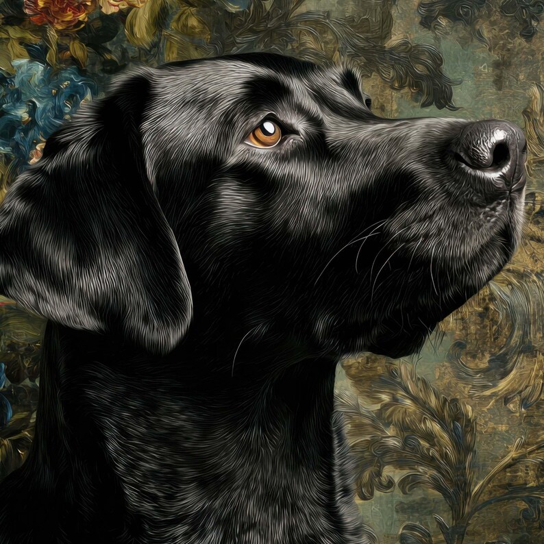 Vintage retriever portrait poster for gallery wall — amber-eyed pet with elaborate botanical and gold detailing