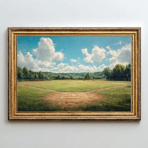 May include: A framed landscape painting of a baseball field under a bright blue sky with fluffy white clouds. The field is green with a dirt infield and a wooden fence in the background. The frame is gold.