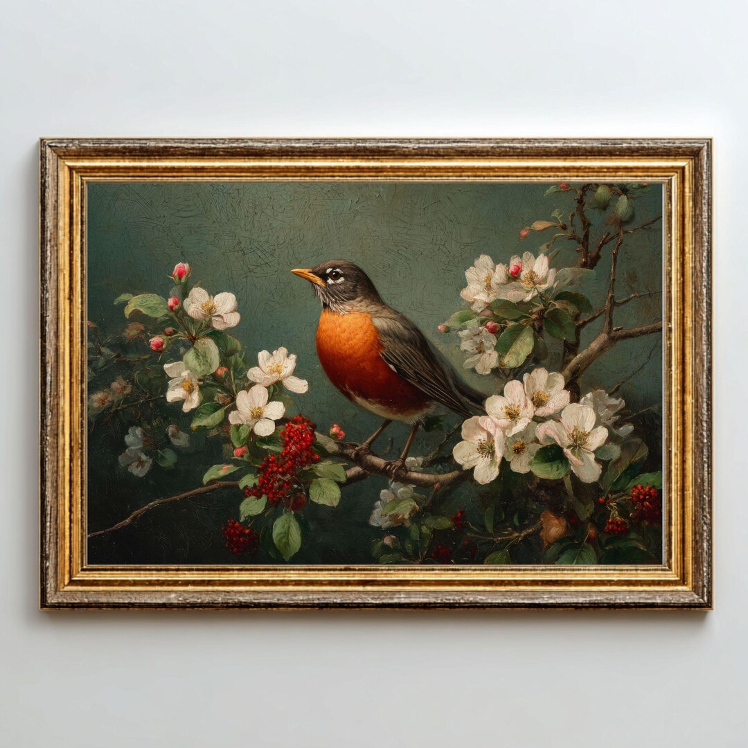 Vintage Robin Botanical Print | Cottagecore Bird Wall Art (instant ...