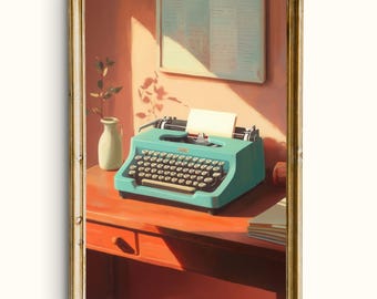 Blauwgroen typemachine Art Print | Vintage literair decor (digitale download)