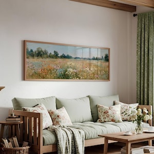 Tranquil meadow landscape art print for bedroom — vintage-inspired wildflower scene with warm, airy atmosphere