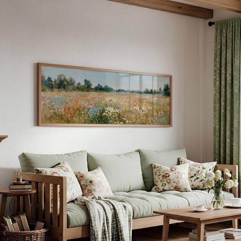 Tranquil meadow landscape art print for bedroom — vintage-inspired wildflower scene with warm, airy atmosphere