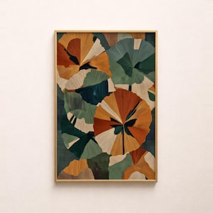 May include: Abstract art print featuring a gold frame. The artwork showcases a pattern of overlapping, fan-like shapes in shades of orange, green, cream, and navy blue. The design has a textured appearance, creating a visually rich and detailed piece.
