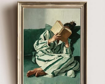 Mujer leyendo un libro, retrato melancólico en tonos verdes, lámina decorativa para pared (descarga digital)