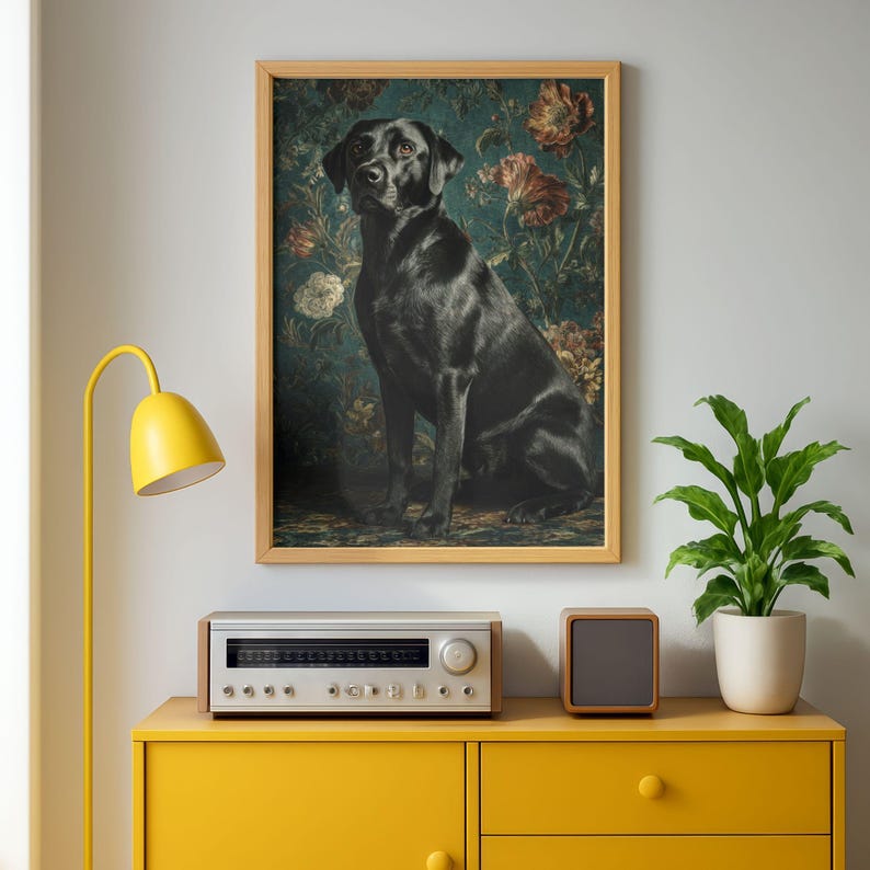 Realistic dog picture printable for gallery wall — vintage-inspired with layered floral pattern and dark teal backdrop