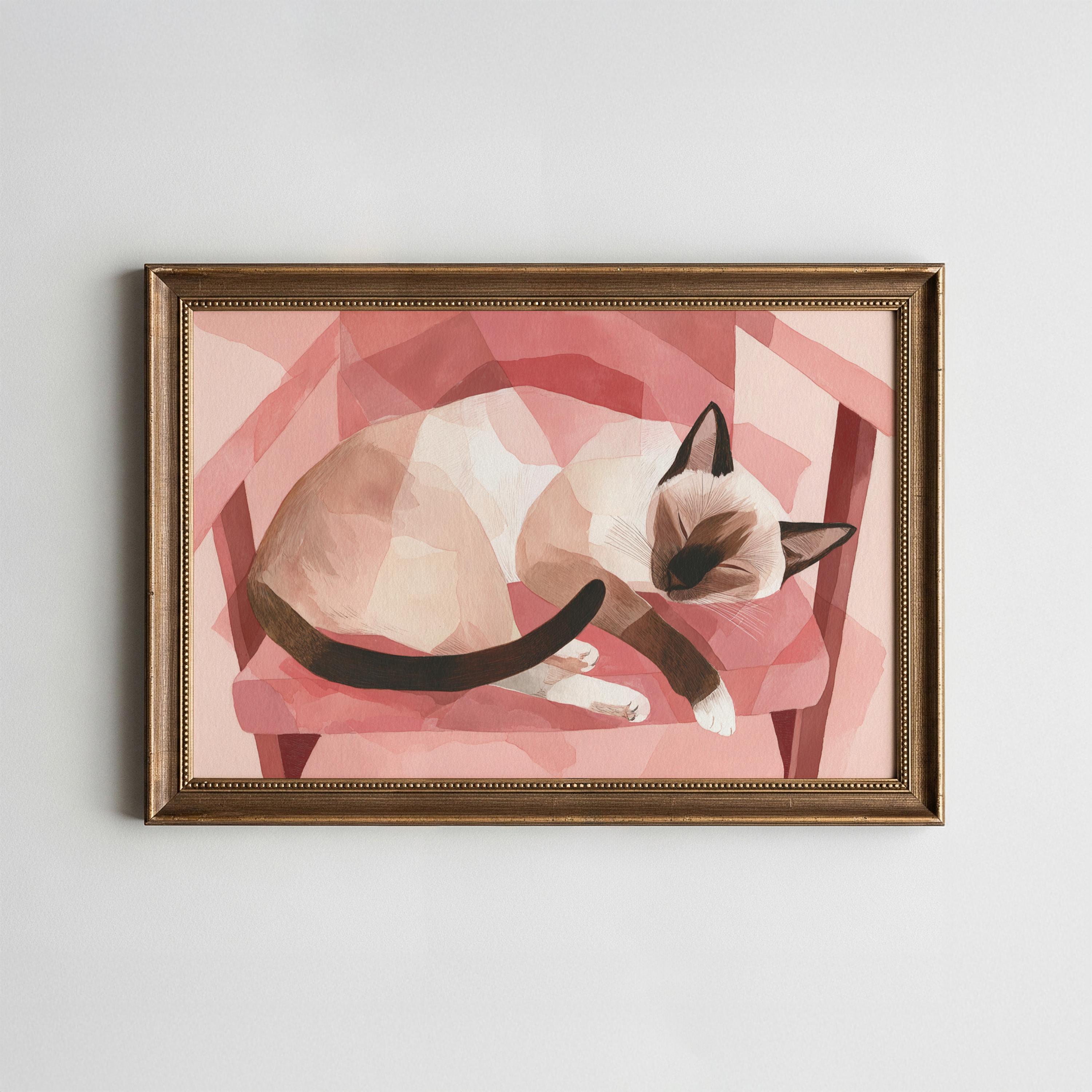 Siamese Cat on Pink Chair, Modern Geometric Printable Wall Art (Digital Download)