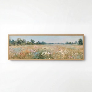 Wildflower panorama digital download for gallery wall — soft-hued pastoral painting with cottage garden vibes