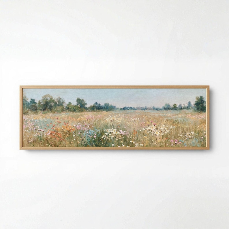 Wildflower panorama digital download for gallery wall — soft-hued pastoral painting with cottage garden vibes