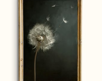 May include: A framed print featuring a close-up of a dandelion seed head against a dark background. The dandelion's white seeds are partially dispersed, with a few floating away. The frame is gold-colored with a distressed finish.