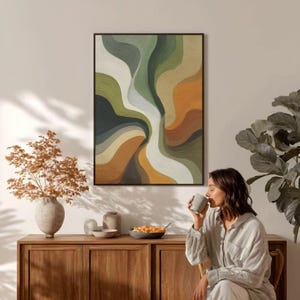 Wavy motion picture printable for gallery wall — tactile woven aesthetic in burnt sienna and teal hues