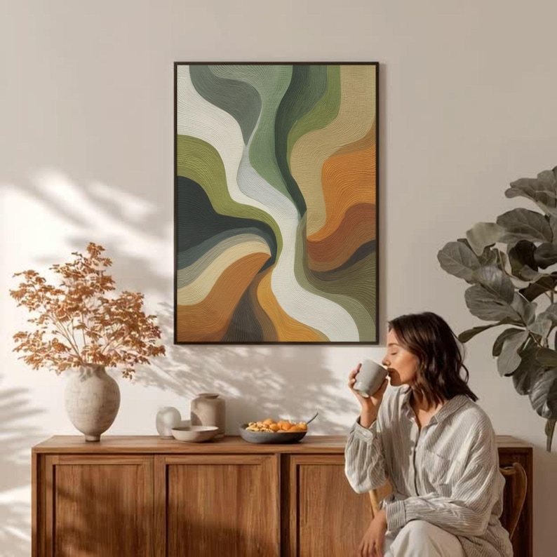 Wavy motion picture printable for gallery wall — tactile woven aesthetic in burnt sienna and teal hues