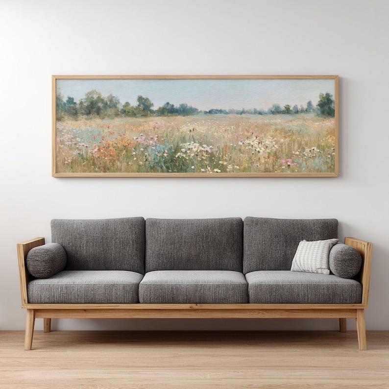 Vintage meadow poster for living room — peaceful panoramic view with wildflowers, trees, and tranquil sky