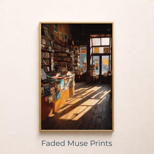 Cozy Vintage Bookstore Fine-Art Photograph, Warm Sunlight Library Decor (Digital Download) 104