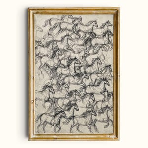 May include: A framed wall art print featuring a charcoal-style sketch of multiple horses in motion. The black line drawing is set against a light beige background, showing overlapping figures of galloping horses in a dense, layered composition.