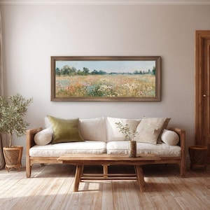 Sprawling wildflower landscape picture for gallery walls — serene nature scene in warm, soft brushstroke style