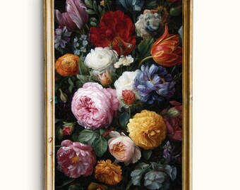 Vintage-Blumenstrauß in dunklen Farben, botanische Wandkunst in Juwelentönen zum Ausdrucken (Digitaler Download)