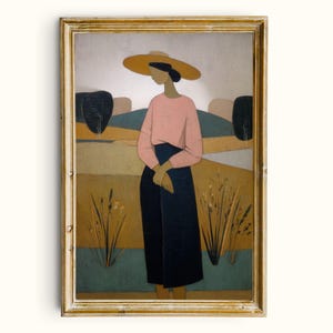May include: An abstract painting in a gold frame depicts a person in a pink top, navy blue skirt, and a yellow hat, standing in a field. The background features stylized trees and rolling hills, with a muted color palette.