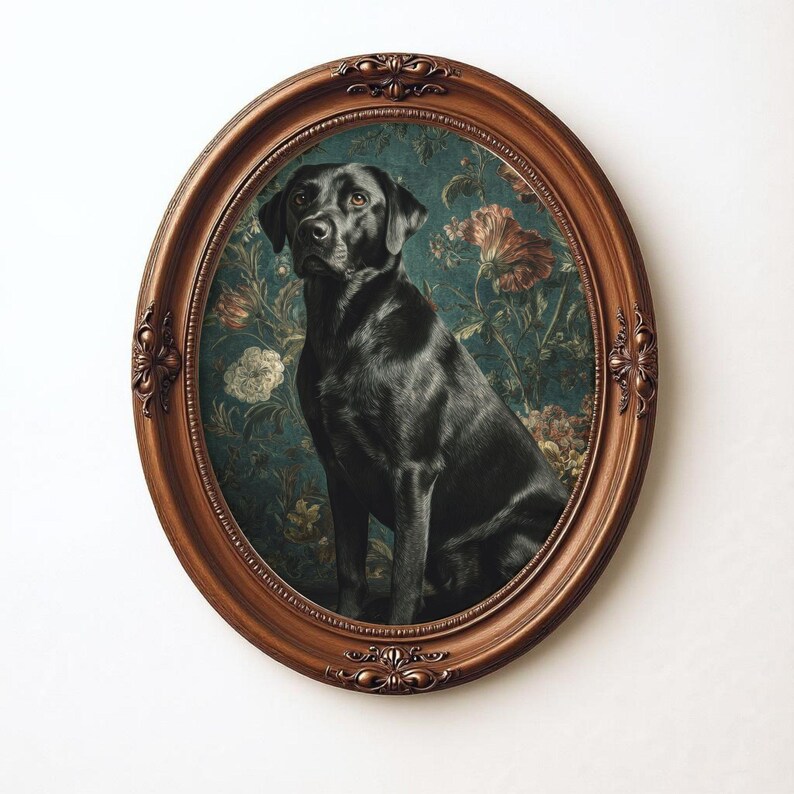 Elegant canine artwork poster for entryway — classical dog portrait featuring lush botanical composition and cream accents