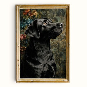Dark dramatic dog picture printable art — classical-style retriever with ornamental design and rich color palette