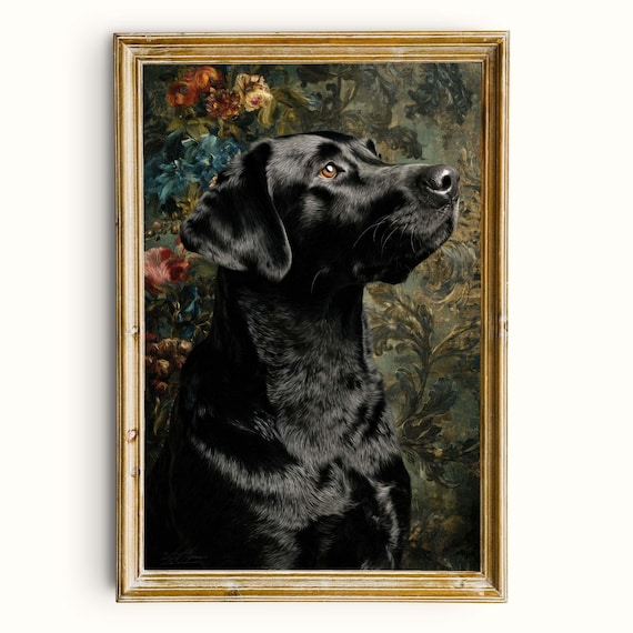 Vintage Black Labrador Portrait, Dark Floral Botanical Dog Art Printable (Digital Download)