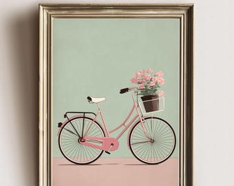 Pink Bicycle Print | Vintage Retro Floral Wall Art (Digital Download)