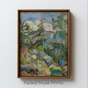 Può includere: Dipinto a olio di un paesaggio montano in una cornice di legno. L'opera presenta una vibrante tavolozza di verdi, blu e marroni, raffigurante alberi, rocce e un cielo nuvoloso. Il testo "Faded Muse Prints" è in basso.