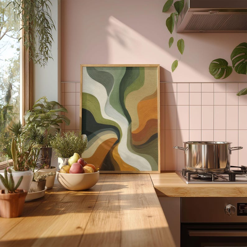 Boho-modern wave digital art for home office — textured curved bands in earthy cream and green tones