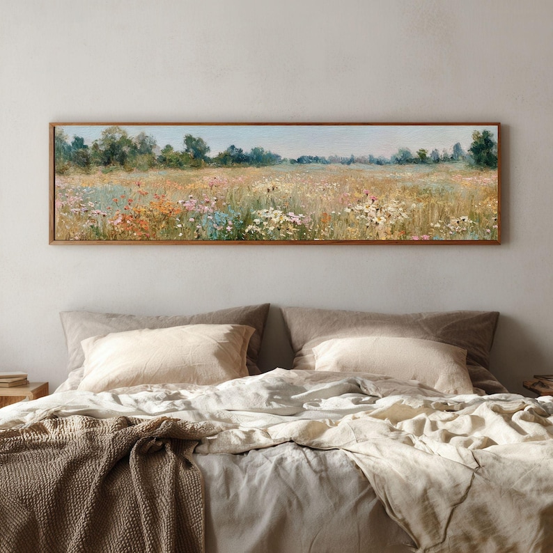 Wildflower meadow panoramic wall art for bedroom — soft vintage landscape with pink, red, and gold blooms