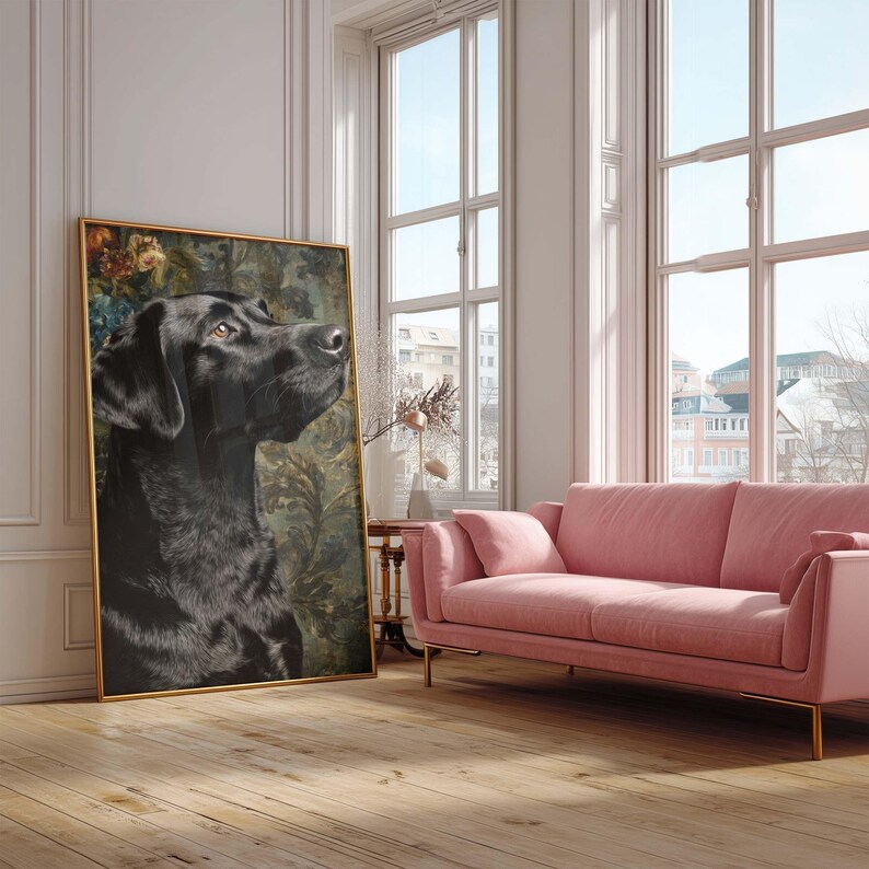 Vintage animal poster for study — black dog portrait with old master brushwork and dusty rose tones