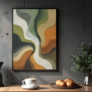 Abstract flowing wave printable art for living room — earthy greens, burnt orange, and teal swirls