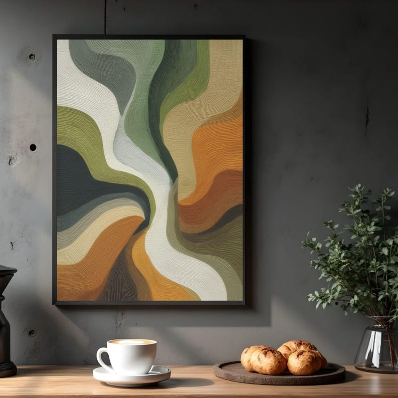 Abstract flowing wave printable art for living room — earthy greens, burnt orange, and teal swirls