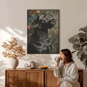 Regal dog picture printable for gallery wall — upward-gazing retriever against rich ornamental botanical design