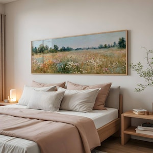 Serene flower field wall decor for farmhouse bedroom — expansive summer meadow with textured botanical detail
