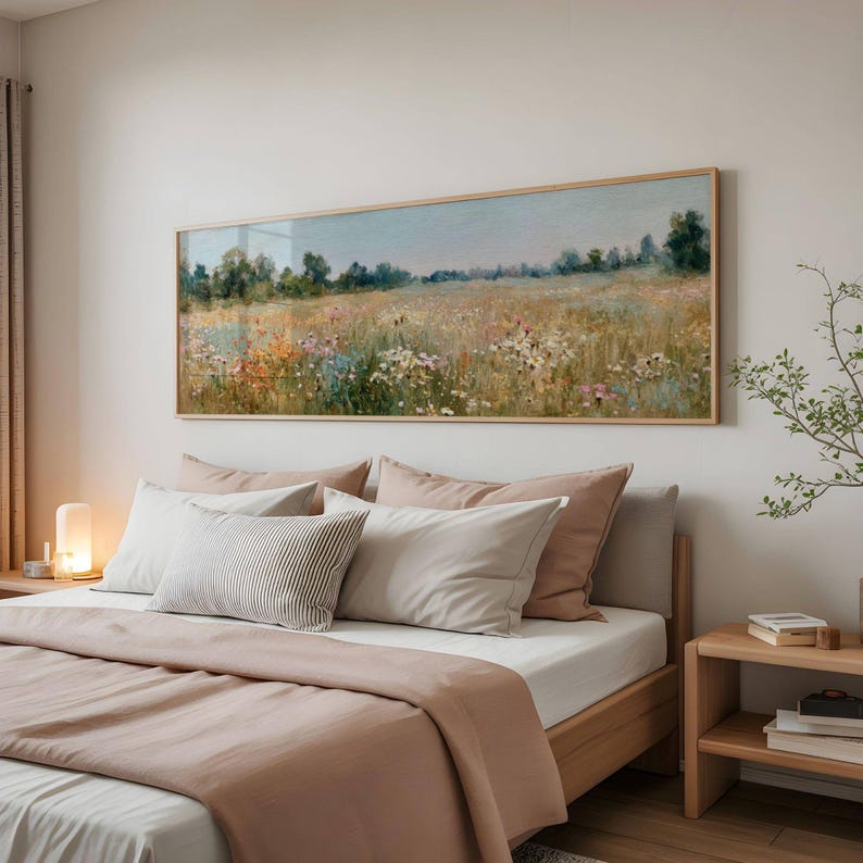 Serene flower field wall decor for farmhouse bedroom — expansive summer meadow with textured botanical detail