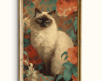 Retrato vintage de gato Ragdoll, lámina decorativa floral maximalista para pared (descarga digital)