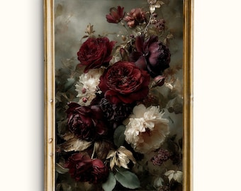 May include: A framed floral print featuring a bouquet of deep red roses and white peonies. The flowers are set against a muted background with gold-toned accents. The frame is a distressed gold color.