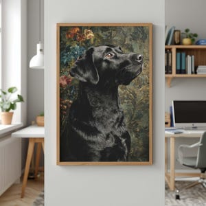 Moody retriever wall art instant download — detailed classical-style canine with amber gaze and decorative background